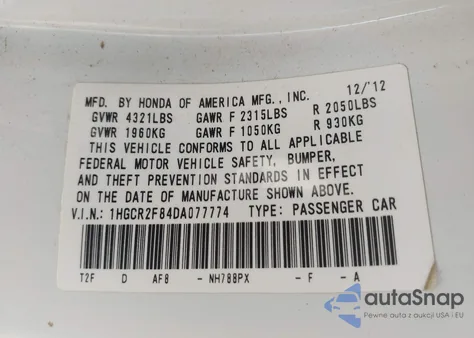 2013 Honda Accord Ex-L from USA, damaged, VIN 1HGCR2F84DA077774
